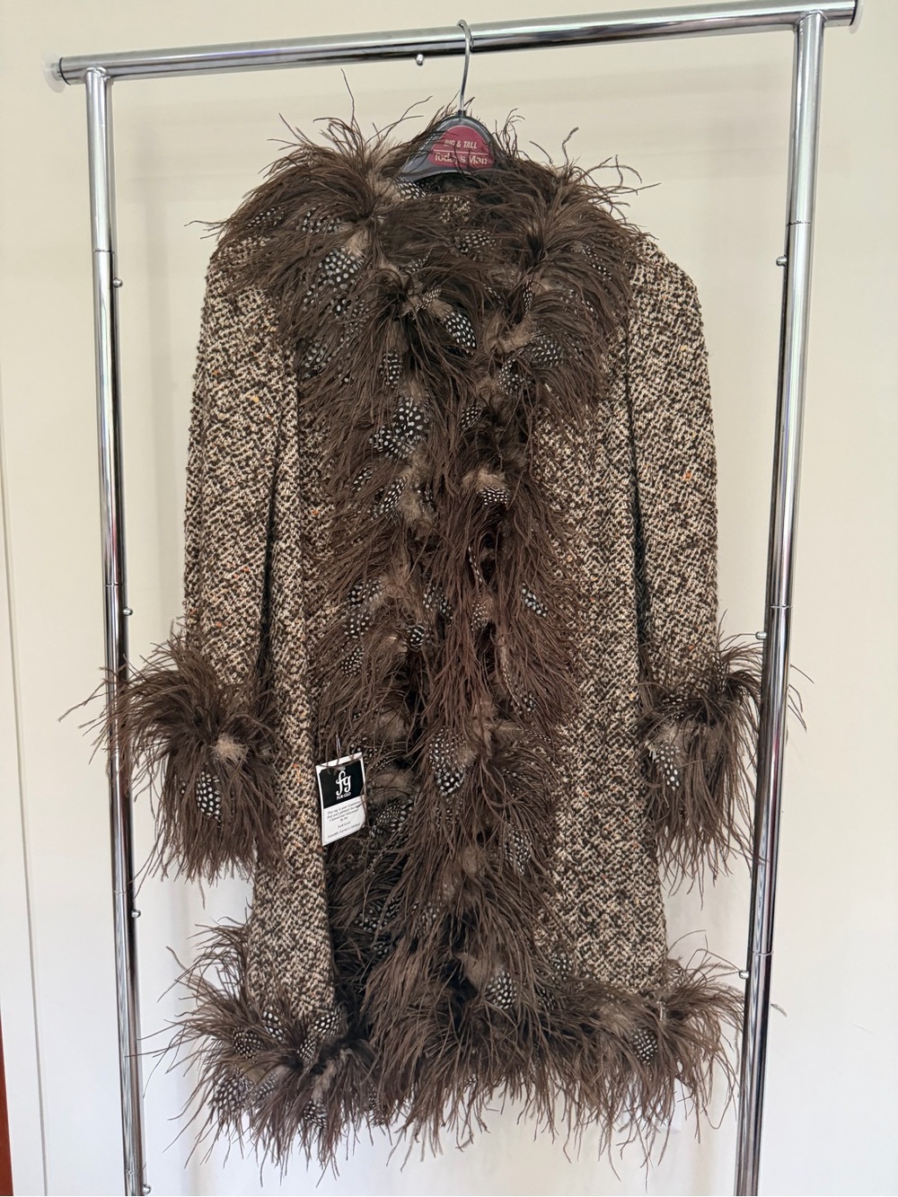 Vintage Charles Cooper tweed and feather trimmed coat